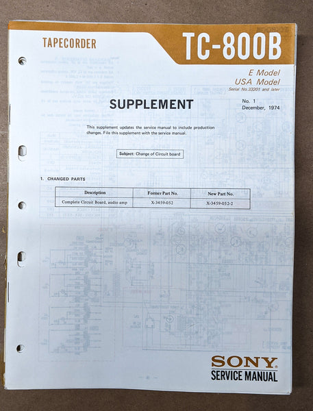 Sony TC-800B Tape Player Service Manual Supplement *Original*