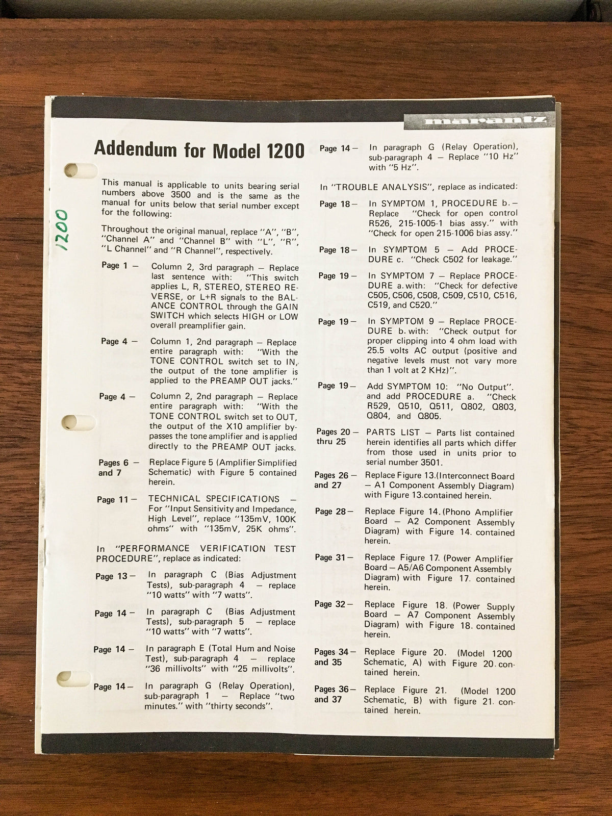 Marantz Model 1200 Preamp / Preamplifier Service Manual Addendum *Original* #2