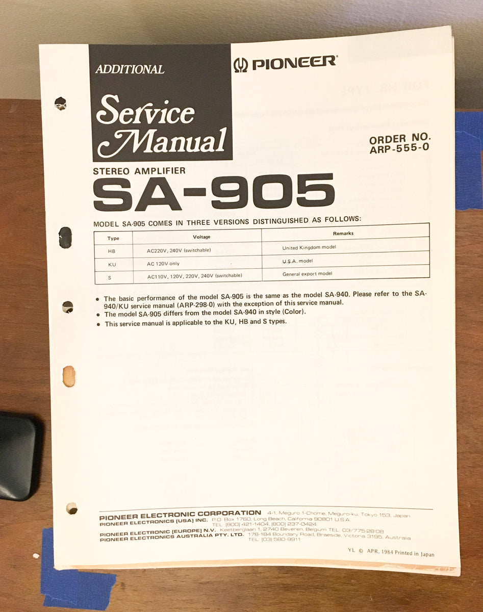 Pioneer SA-905 Amplifier Service Manual *Original*