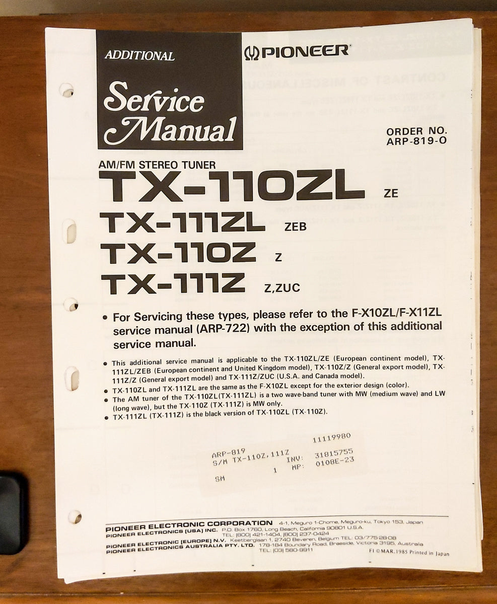 Pioneer TX-110ZL TX-111ZL TX-110Z TX-111Z Tuner Service Manual *Original*
