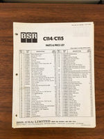 BSR C114 C115 Record Player / Turntable Parts and Price List Manual *Original*