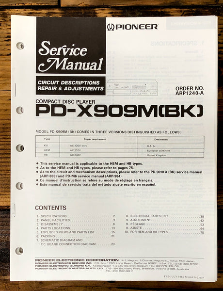 Pioneer PD-X909M CD Player  Service Manual *Original*