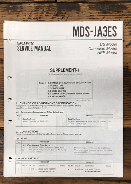 Sony MDS-JA3ES MD Minidisc Deck Supp. Service Manual *Original*