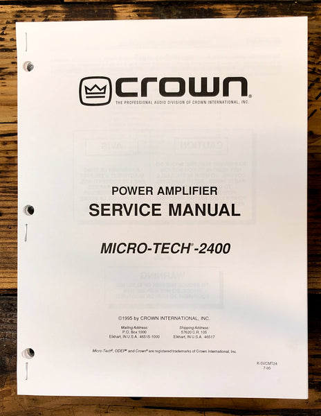 Crown Micro-Tech 2400 Amplifier Service Manual *Original*