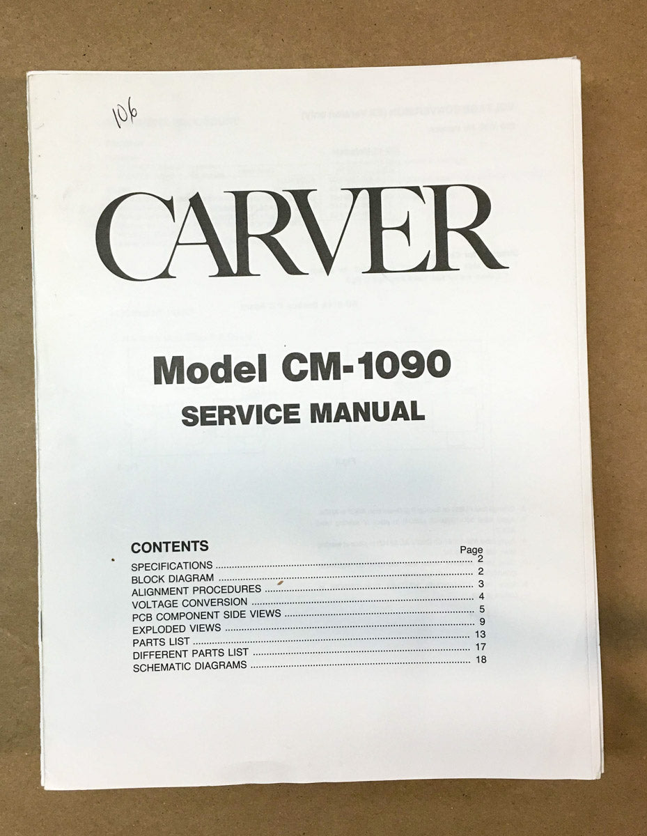 Carver CM-1090 Amplifier  Service Manual *Original*