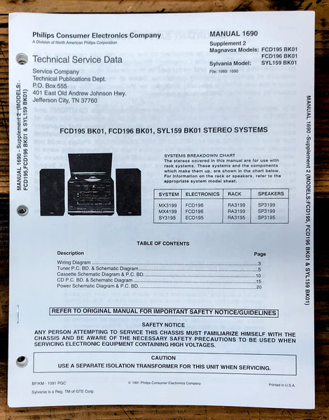 Magnavox / Sylvania FCD195 FCD196 SYL159 Stereo  Service Manual *Original*