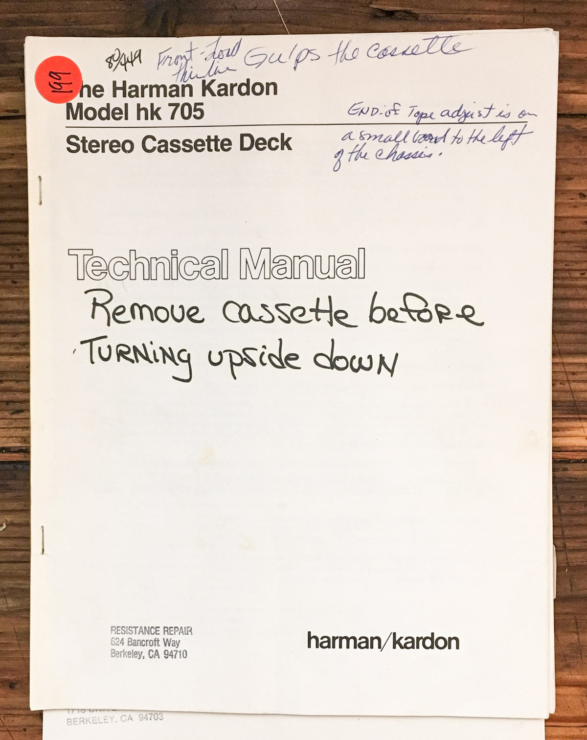 Harman Kardon HK705 HK-705 Cassette  Service Manual *Original*