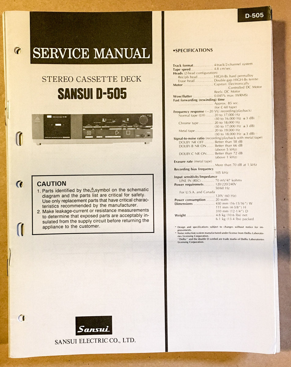 Sansui D-505 Cassette / Tape Player Service Manual *Original* #1