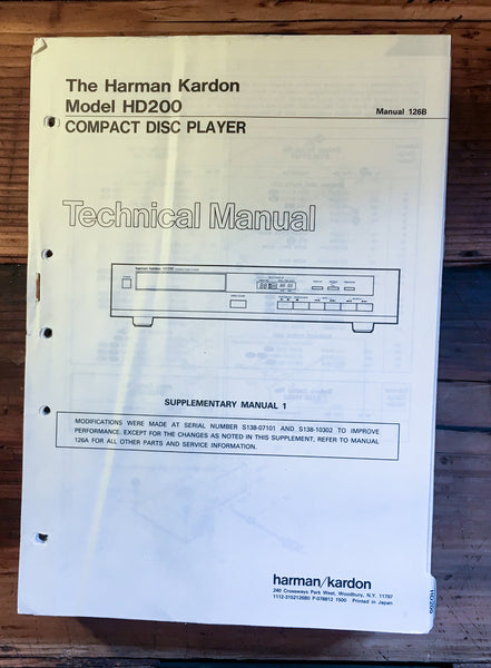HK Harman Kardon HD200 HD-200 CD Player Service Manual Supp. 1 *Original*