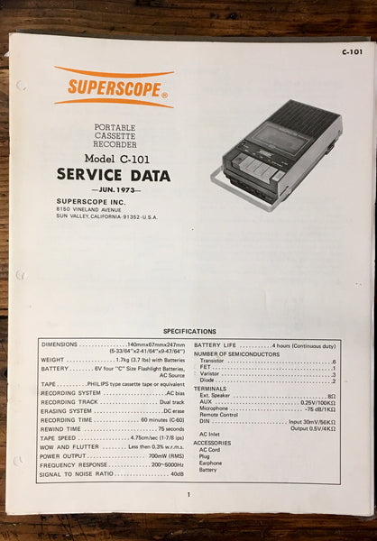Superscope C-101 Cassette Service Manual *Original*