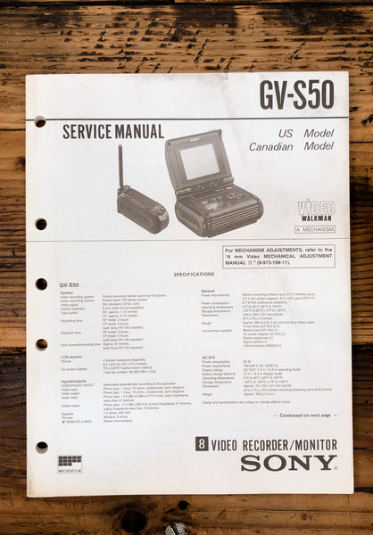 Sony GV-S50 Video 8 Cassette Player  Service Manual *Original*