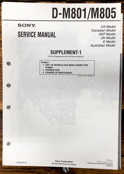 Sony D-M801 D-M805 CD Player / Discman Supp. Service Manual *Original*