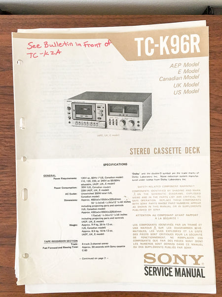 Sony TC-K96R Cassette Service Manual *Original*