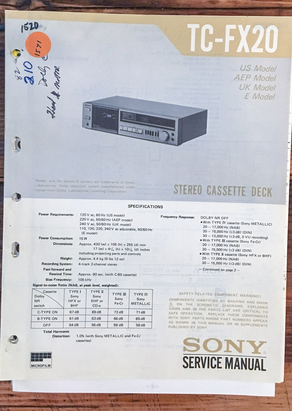 Sony TC-FX20 Cassette Player  Service Manual *Original*