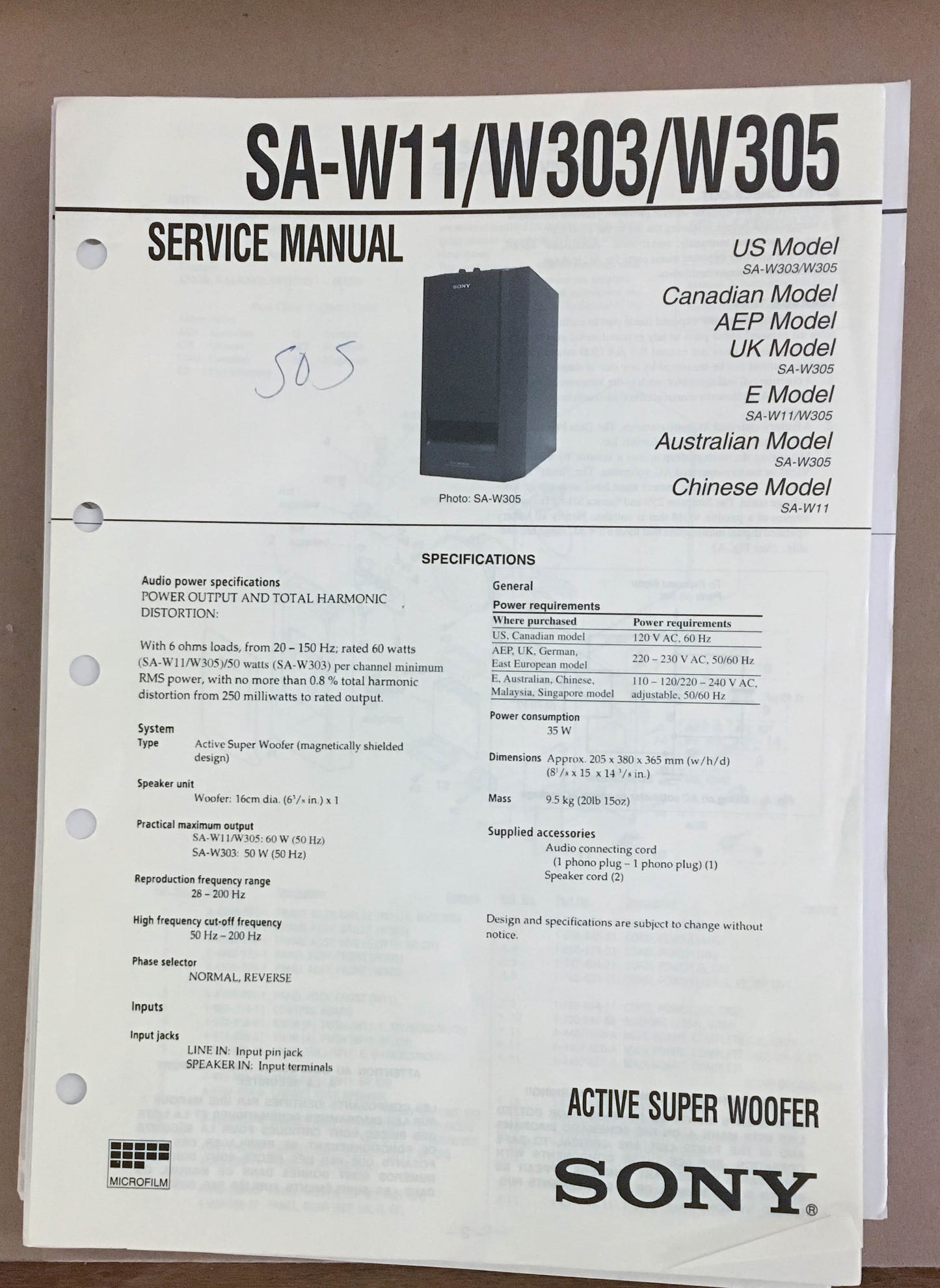 Sony  SA-W11 W303 W305 Super Woofer Service Manual *Original*