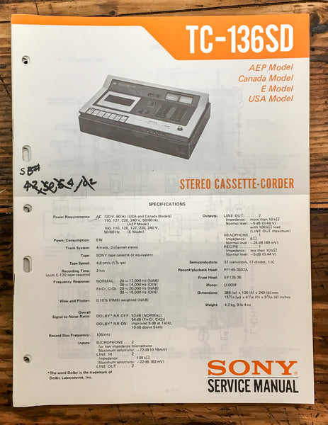 Sony TC-136SD Cassette  Service Manual *Original* #2