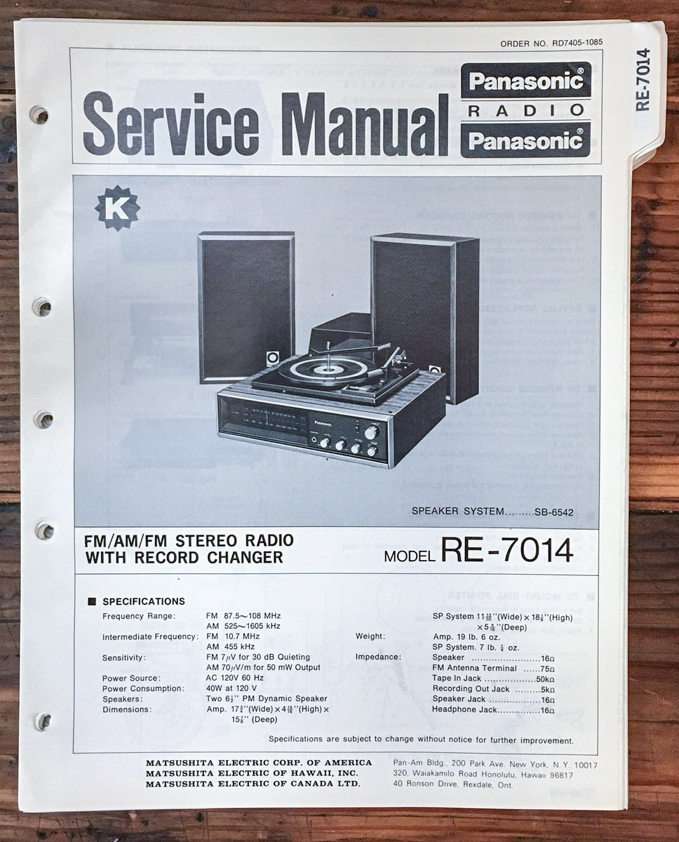 Panasonic RE-7014 Radio Service Manual *Original* – Vintage Audio Store ...