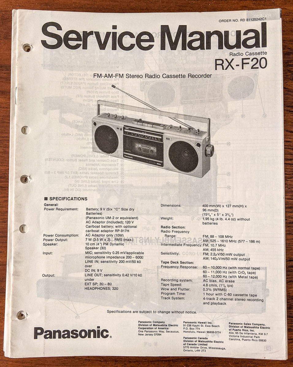 Panasonic RX-F20 Radio Cassette Service Manual *Original*