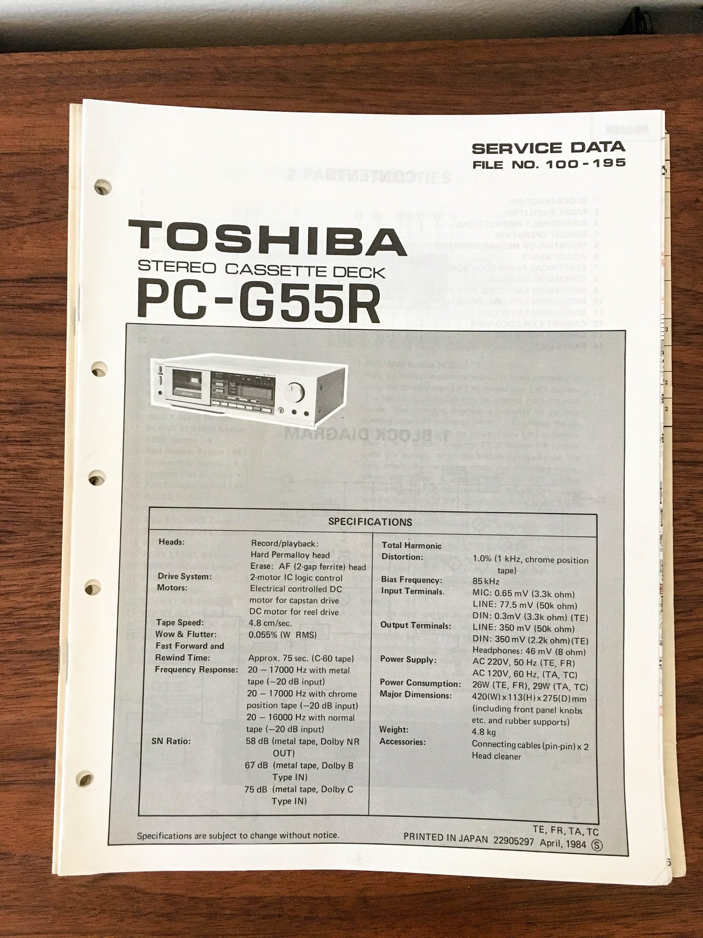 Toshiba PC-G55R Cassette Deck Service Manual *Original*