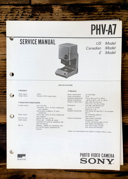 Sony PHV-A7 Video Camera  Service Manual *Original*