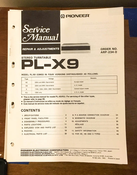 Pioneer PL-X9 Turntable / Record Player Service Manual *Original* #1