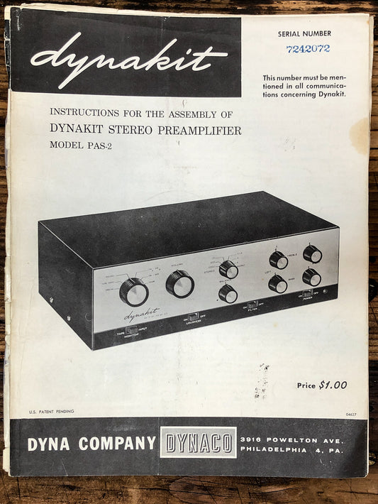Dynaco Dynakit PAS-2 Preamp / Preamplifier Assembly & Owners Manual  *Original*