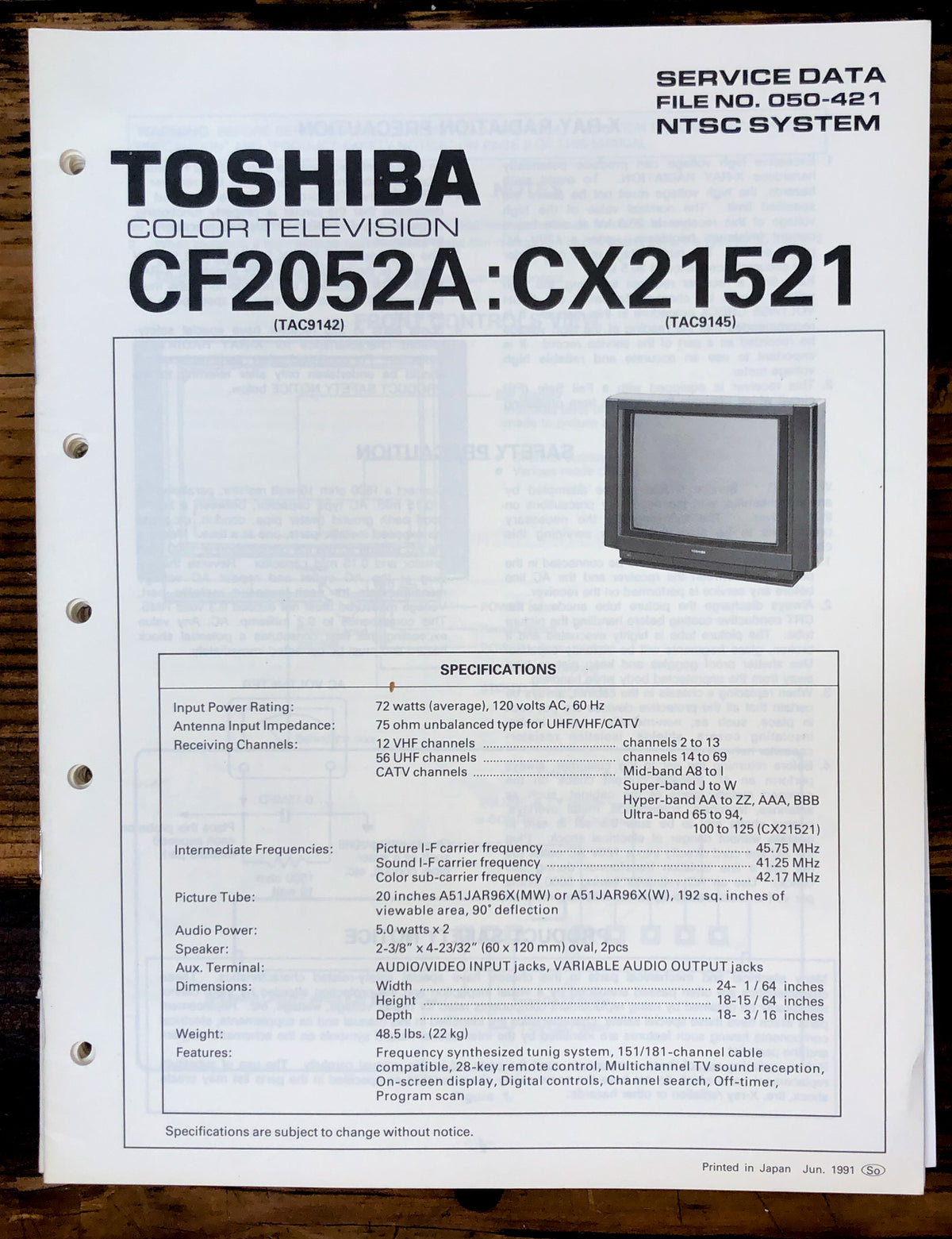 Toshiba CF2052A CX21521 TV  Service Manual *Original*