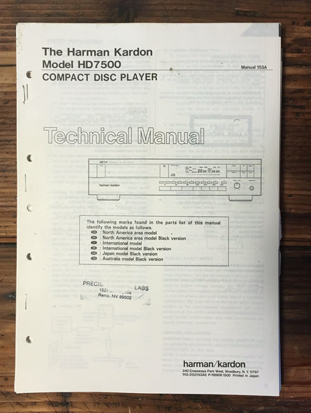 Harman Kardon HK HD7500 HD-7500 CD Player Service Manual *Original*