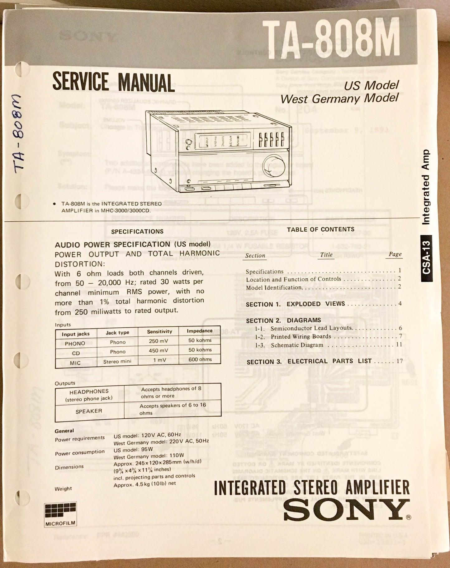 Sony TA-808M Amplifier  Service Manual *Original*