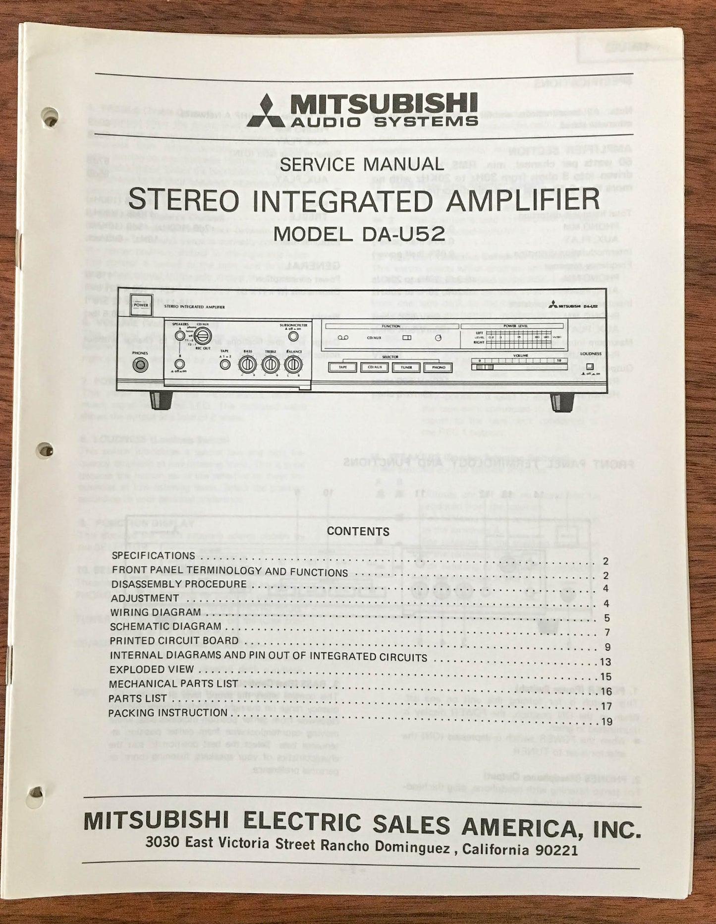 Mitsubishi DA-U52 Stereo Amplifier Service Manual *Original* #2