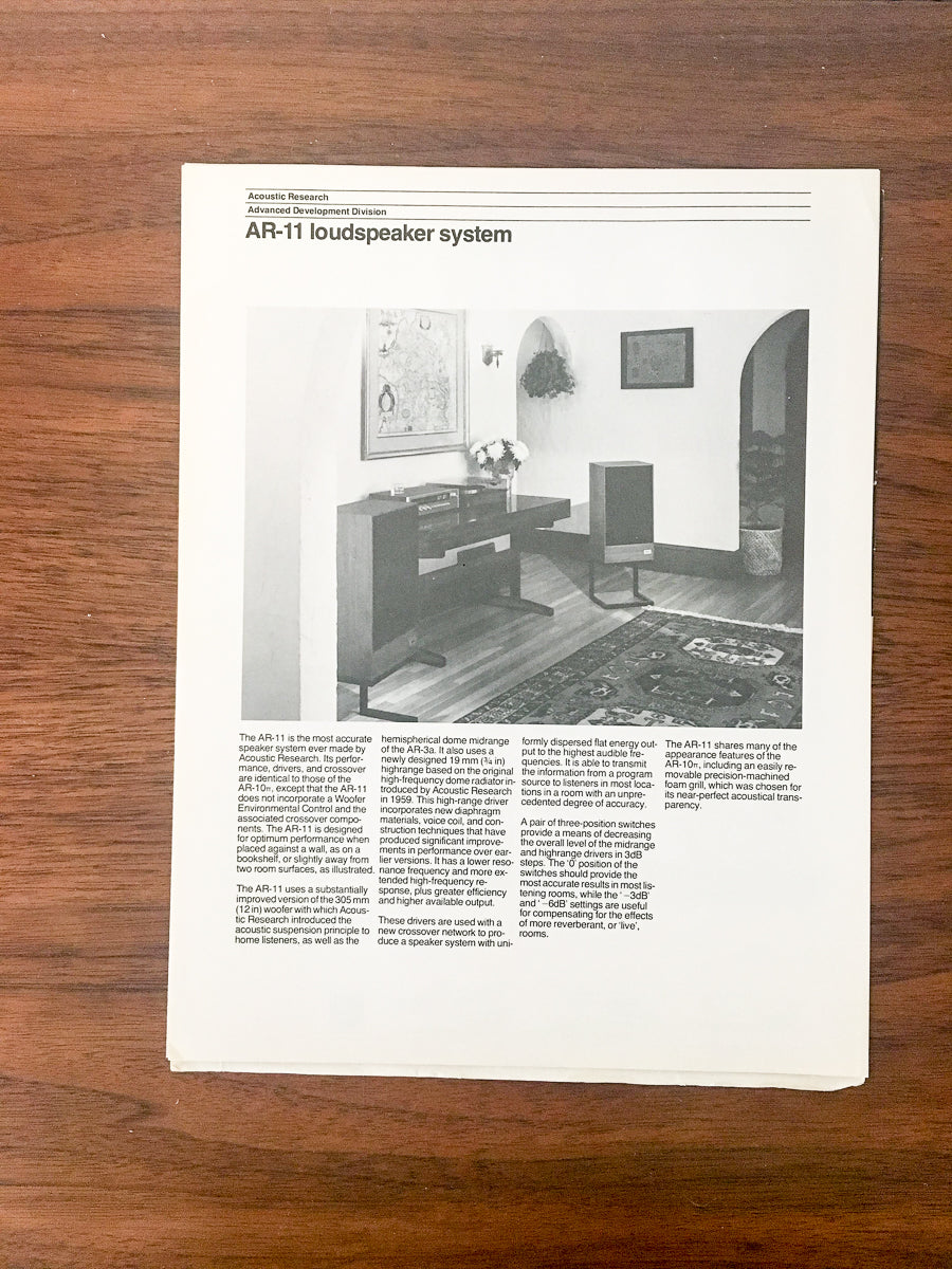 AR / Acoustic Research AR-11 Speaker Dealer Sales Sheet / Specs *Orig*