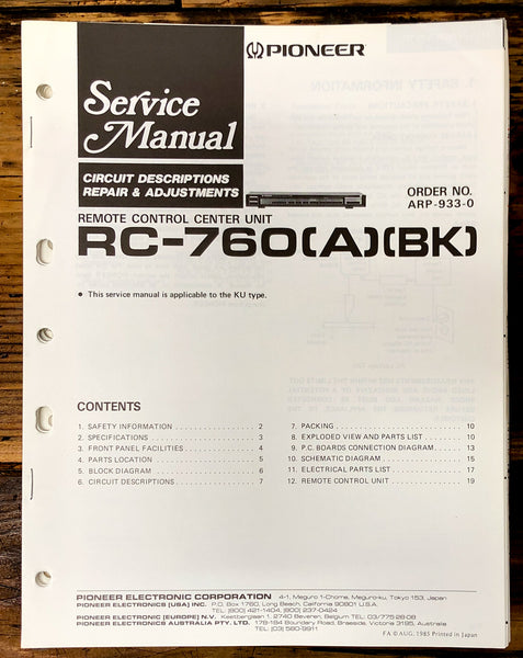 Pioneer RC-760 Remote Control Service Manual *Original* #1