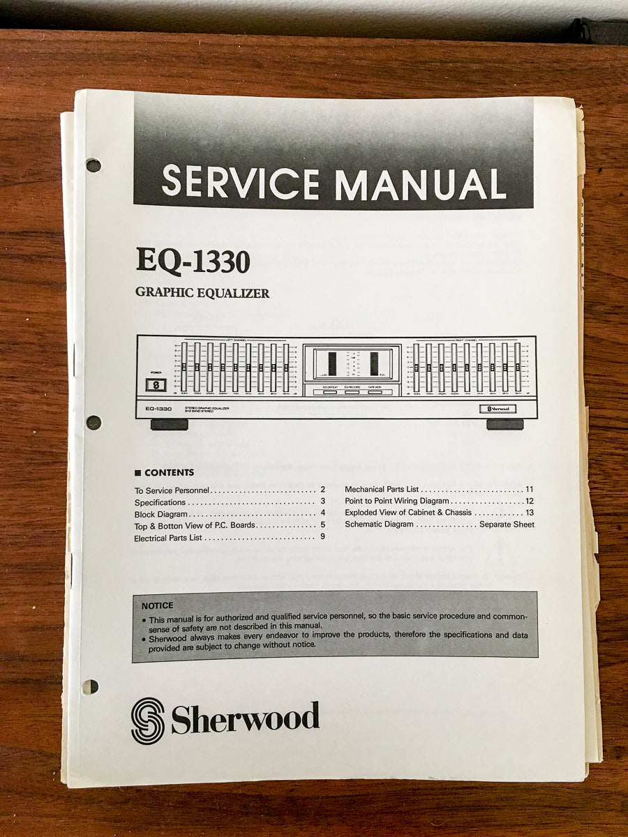 Sherwood EQ-1330 Equalizer Service Manual *Original*