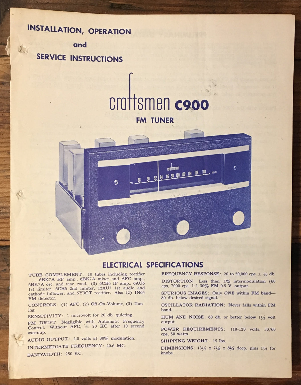 The Craftsmen Model C900 Tuner User & Service Manual *Original*