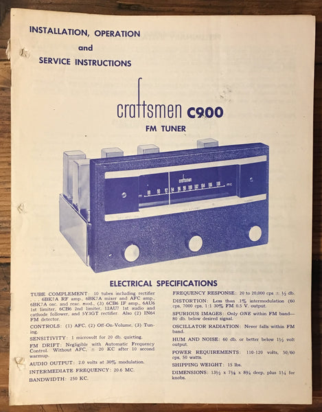 The Craftsmen Model C900 Tuner User & Service Manual *Original*