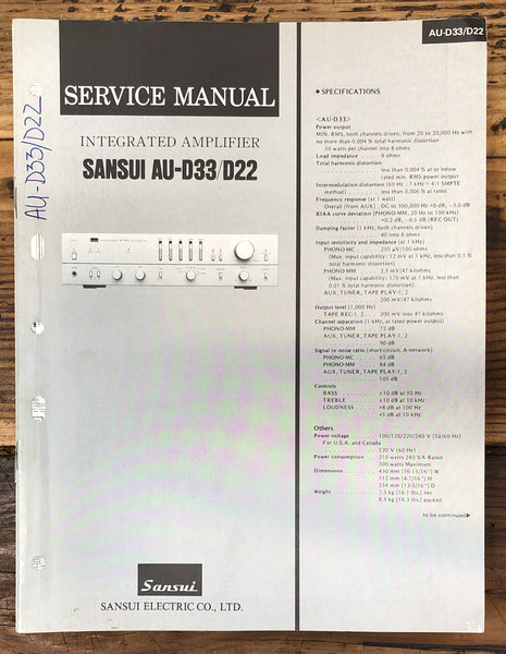 Sansui AU-D22 AU-D33 Amplifier  Service Manual *Original*