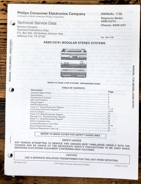 Magnavox Sylvania AS 9513 Stereo Service Manual *Original*