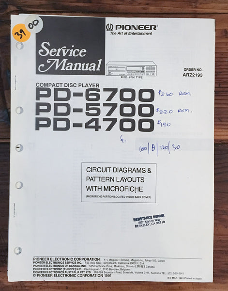 Pioneer PD-4700 PD-5700 PD-6700 CD Player 1 Service Manual *Original*