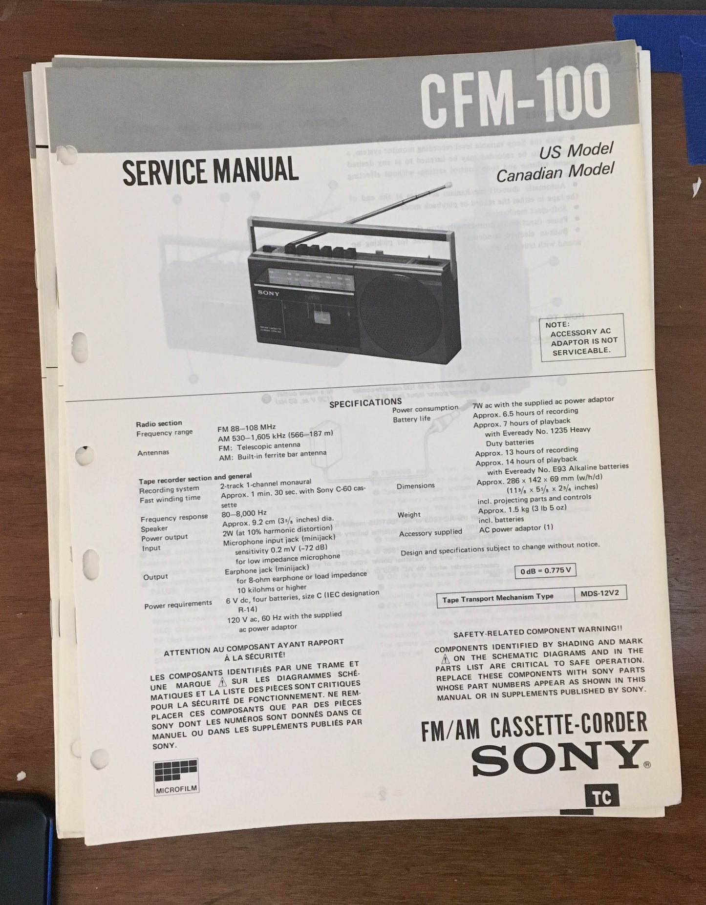 Sony CFM-100 Radio Cassette Recorder Service Manual *Original*
