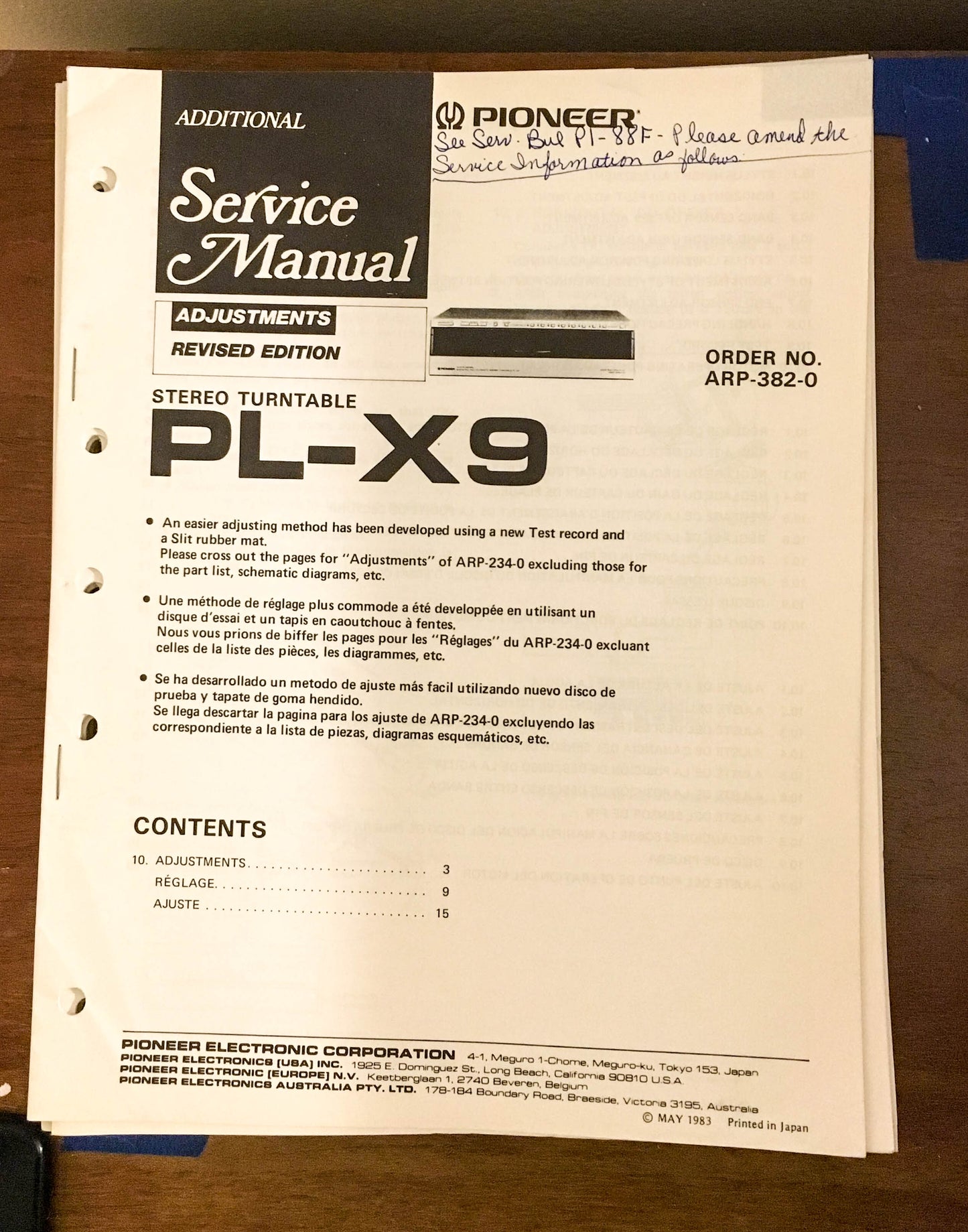 Pioneer PL-X9 Turntable / Record Player Service Manual *Original* #2