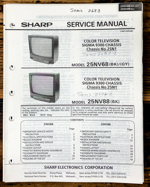 Sharp 25NV88 25NV68 TV / Television Service Manual *Original*