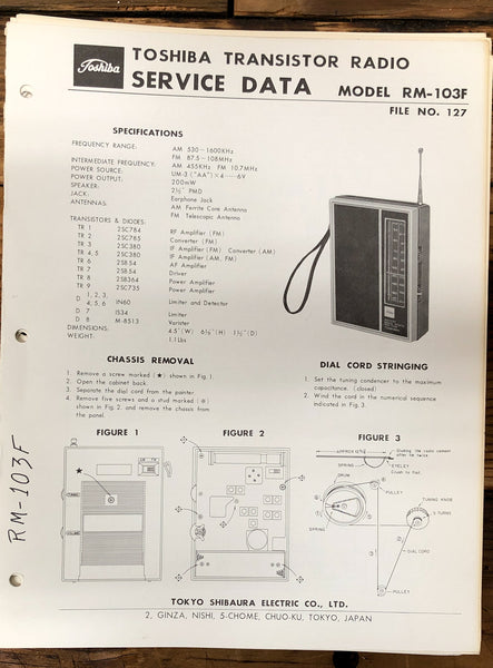 Toshiba RM-103F Radio  Service Manual *Original*