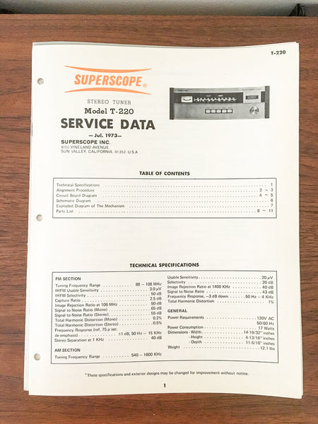 Superscope / Marantz T-220 Tuner Service Manual *Original*