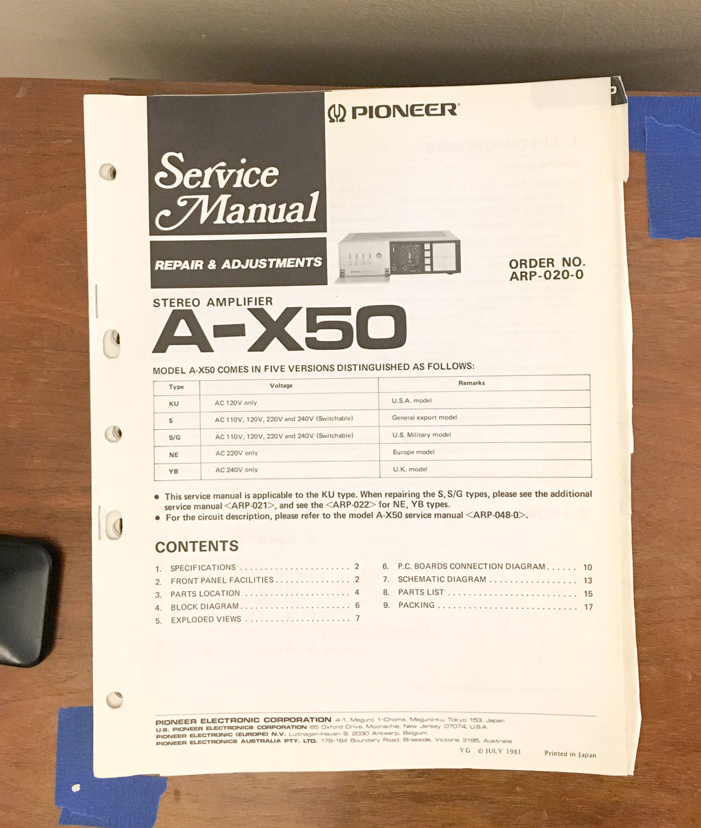 Pioneer A-X50 Amplifier Service Manual *Original*