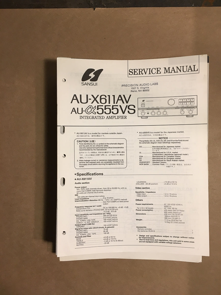 Sansui AU-X611AV AU-555VS Amplifier Service Manual *Original*