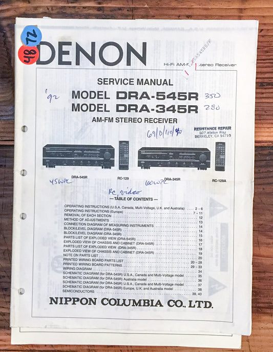 Denon DRA-545R DRA-345R Receiver  Service Manual *Original*