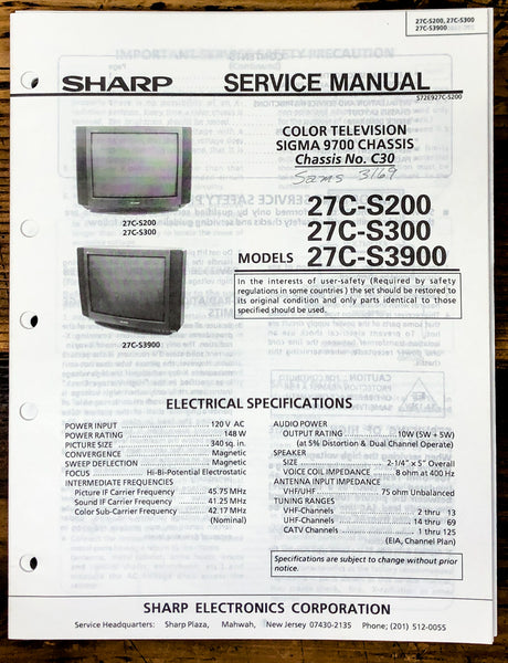 Sharp 27C-S200 S300 S3900 TV / Television Service Manual *Original* #1