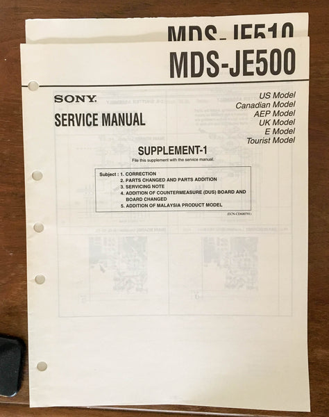 Sony MDS-JE500 MD Mini Disc  Service Manual Supplement *Original*