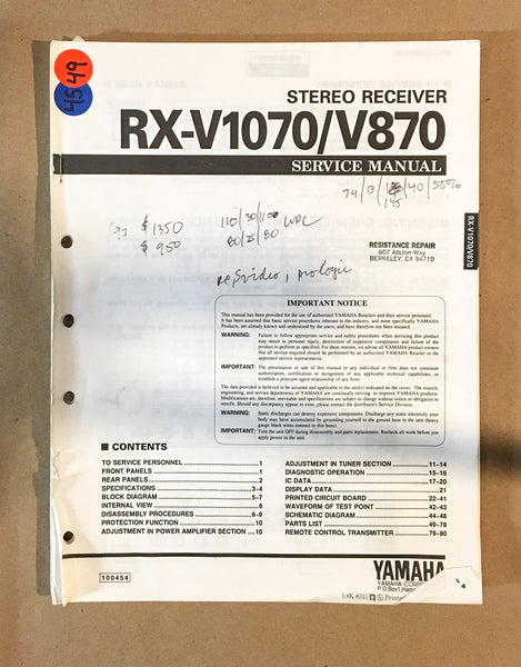 Pioneer RX-V1070 RX-V870 Receiver  Service Manual *Original*