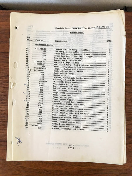 Sony TC-777-2 TC-777-4 Reel to Reel Parts List Manual *Original*